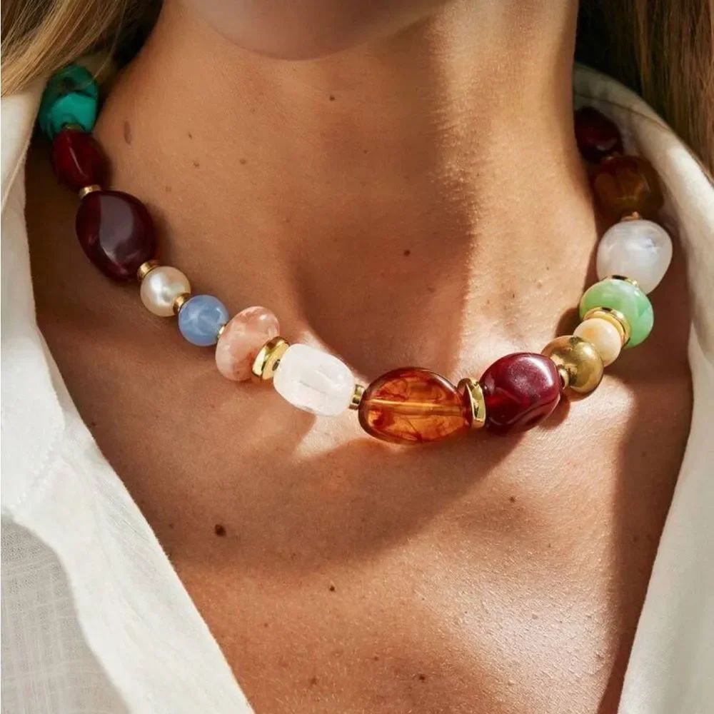Gold Accented Multicolor Beaded Necklace N1299